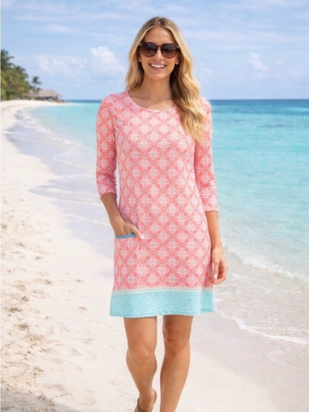 Cabana Life Pink and Aqua Printed Shift Dress